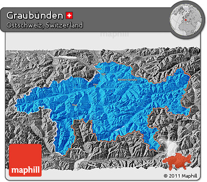 Political 3D Map of Graubünden, desaturated