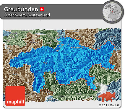 Political 3D Map of Graubünden, semi-desaturated