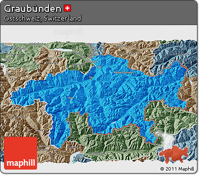 Political 3D Map of Graubünden, semi-desaturated
