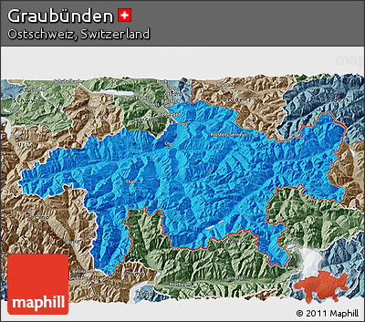 Political 3D Map of Graubünden, semi-desaturated
