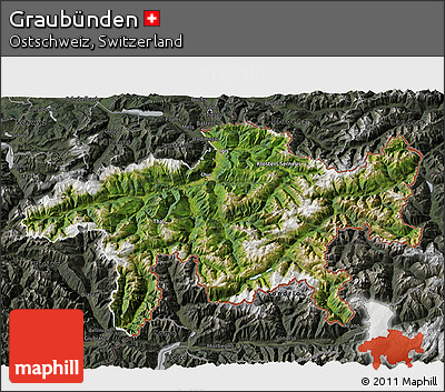 Satellite 3D Map of Graubünden, darken, semi-desaturated