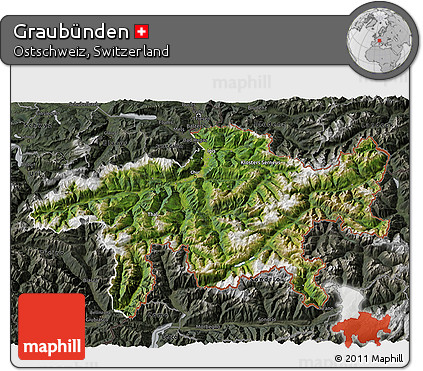 Satellite 3D Map of Graubünden, darken, semi-desaturated
