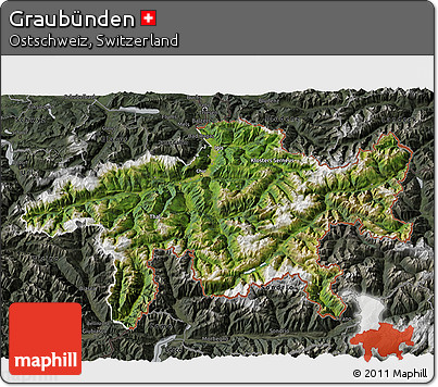 Satellite 3D Map of Graubünden, darken, semi-desaturated