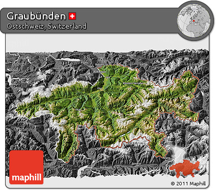 Satellite 3D Map of Graubünden, desaturated