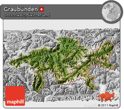 Satellite 3D Map of Graubünden, lighten, desaturated