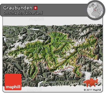 Satellite 3D Map of Graubünden, semi-desaturated
