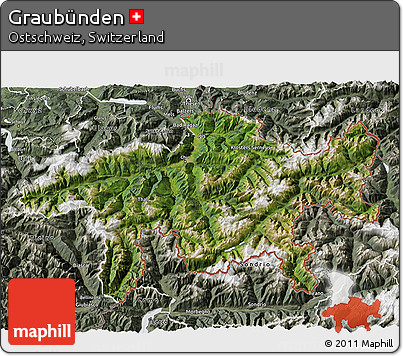 Satellite 3D Map of Graubünden, semi-desaturated