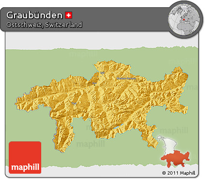 Savanna Style 3D Map of Graubünden, single color outside