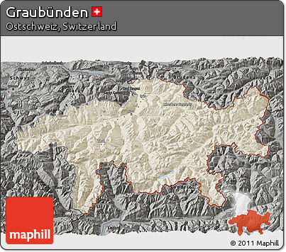 Shaded Relief 3D Map of Graubünden, darken, semi-desaturated
