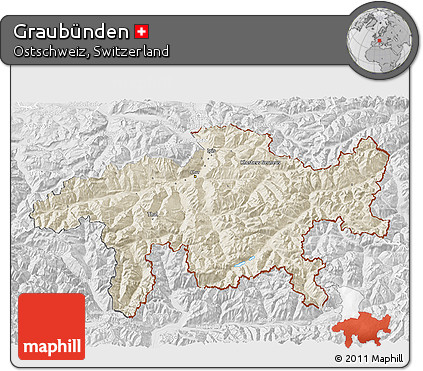 Shaded Relief 3D Map of Graubünden, lighten, desaturated
