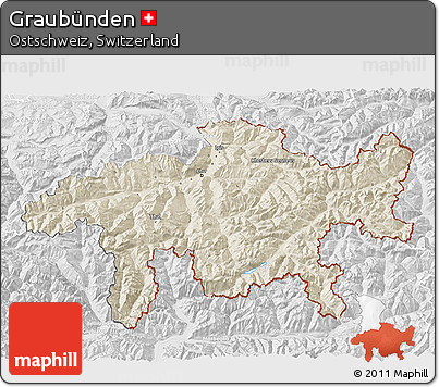 Shaded Relief 3D Map of Graubünden, lighten, desaturated