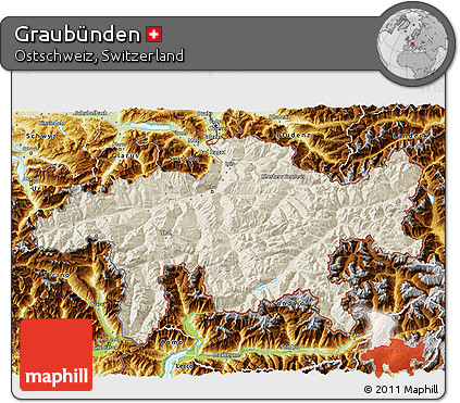 Shaded Relief 3D Map of Graubünden, physical outside