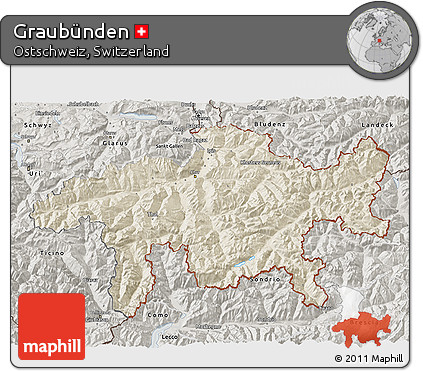 Shaded Relief 3D Map of Graubünden, semi-desaturated