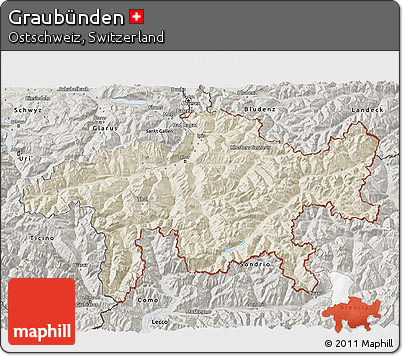 Shaded Relief 3D Map of Graubünden, semi-desaturated
