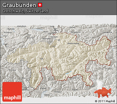 Shaded Relief 3D Map of Graubünden, semi-desaturated