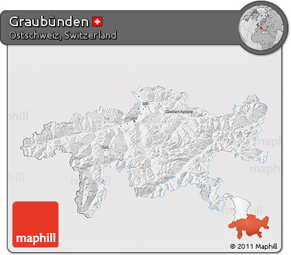 Silver Style 3D Map of Graubünden, single color outside