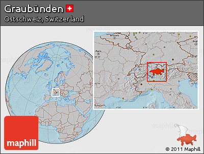 Gray Location Map of Graubünden, within the entire country, hill shading