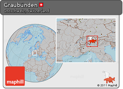 Gray Location Map of Graubünden, highlighted parent region, within the entire country, hill shading