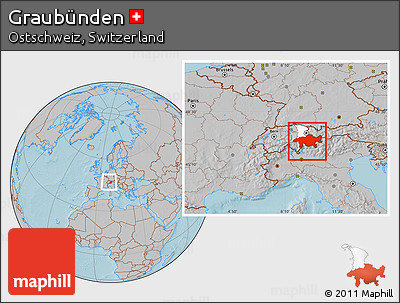 Gray Location Map of Graubünden, highlighted parent region, within the entire country, hill shading