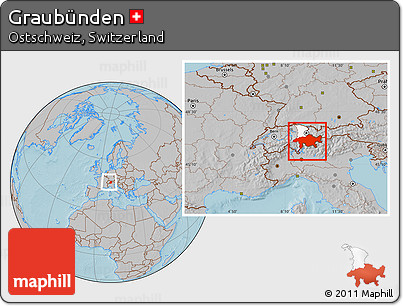 Gray Location Map of Graubünden, highlighted parent region, within the entire country, hill shading