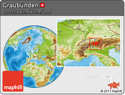 Physical Location Map of Graubünden, within the entire country