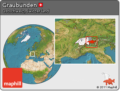 Satellite Location Map of Graubünden, highlighted country, highlighted parent region, within the entire country