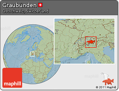 Savanna Style Location Map of Graubünden, within the entire country, hill shading