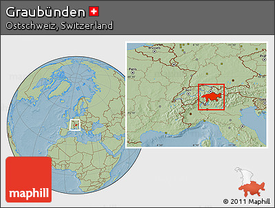 Savanna Style Location Map of Graubünden, within the entire country, hill shading