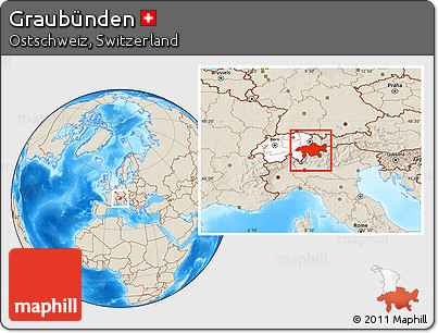 Shaded Relief Location Map of Graubünden, highlighted country