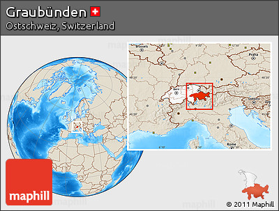 Shaded Relief Location Map of Graubünden, highlighted country
