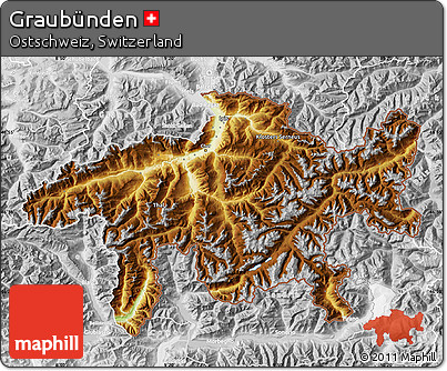 Physical Map of Graubünden, lighten, desaturated