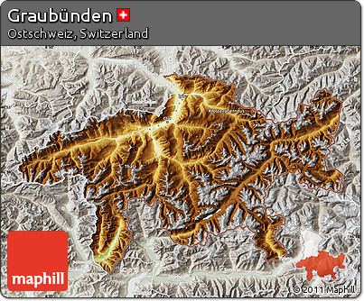 Physical Map of Graubünden, lighten, semi-desaturated