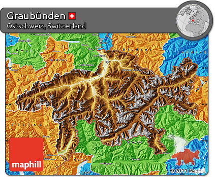 Physical Map of Graubünden, political outside