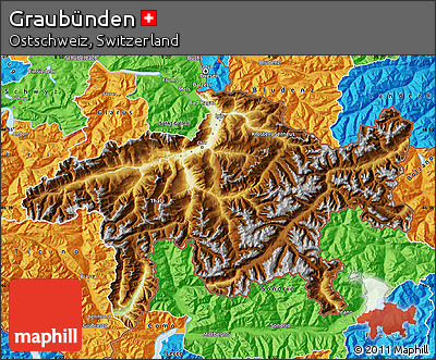 Physical Map of Graubünden, political outside