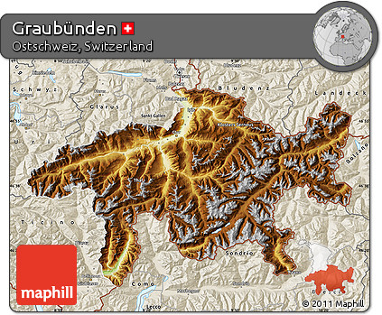 Physical Map of Graubünden, shaded relief outside