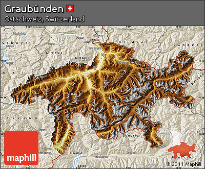 Physical Map of Graubünden, shaded relief outside