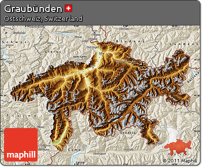 Physical Map of Graubünden, shaded relief outside