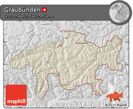 Shaded Relief Map of Graubünden, lighten, desaturated