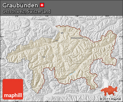 Shaded Relief Map of Graubünden, lighten, desaturated