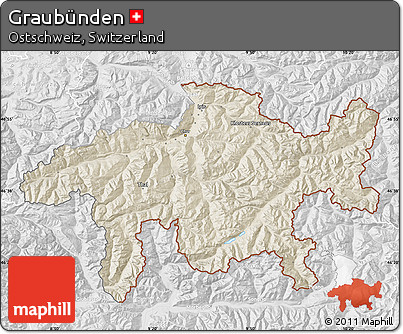 Shaded Relief Map of Graubünden, lighten, desaturated