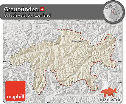 Shaded Relief Map of Graubünden, lighten, semi-desaturated