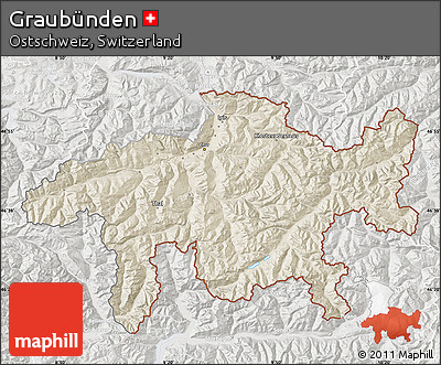 Shaded Relief Map of Graubünden, lighten, semi-desaturated