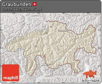 Shaded Relief Map of Graubünden, lighten, semi-desaturated