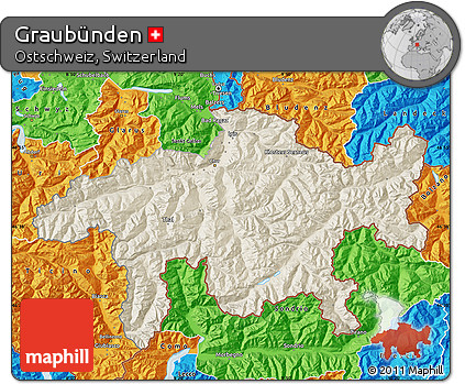 Shaded Relief Map of Graubünden, political outside