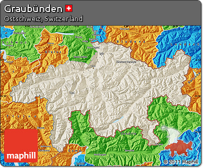 Shaded Relief Map of Graubünden, political outside