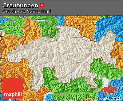 Shaded Relief Map of Graubünden, political outside