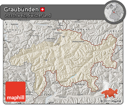 Shaded Relief Map of Graubünden, semi-desaturated