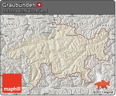 Shaded Relief Map of Graubünden, semi-desaturated