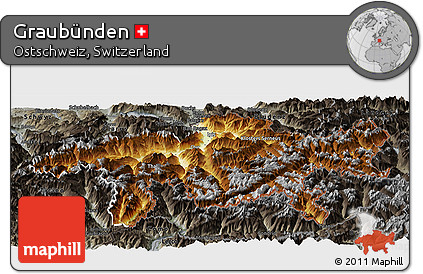 Physical Panoramic Map of Graubünden, darken, semi-desaturated