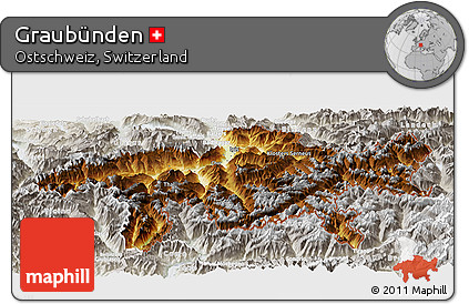 Physical Panoramic Map of Graubünden, lighten, semi-desaturated